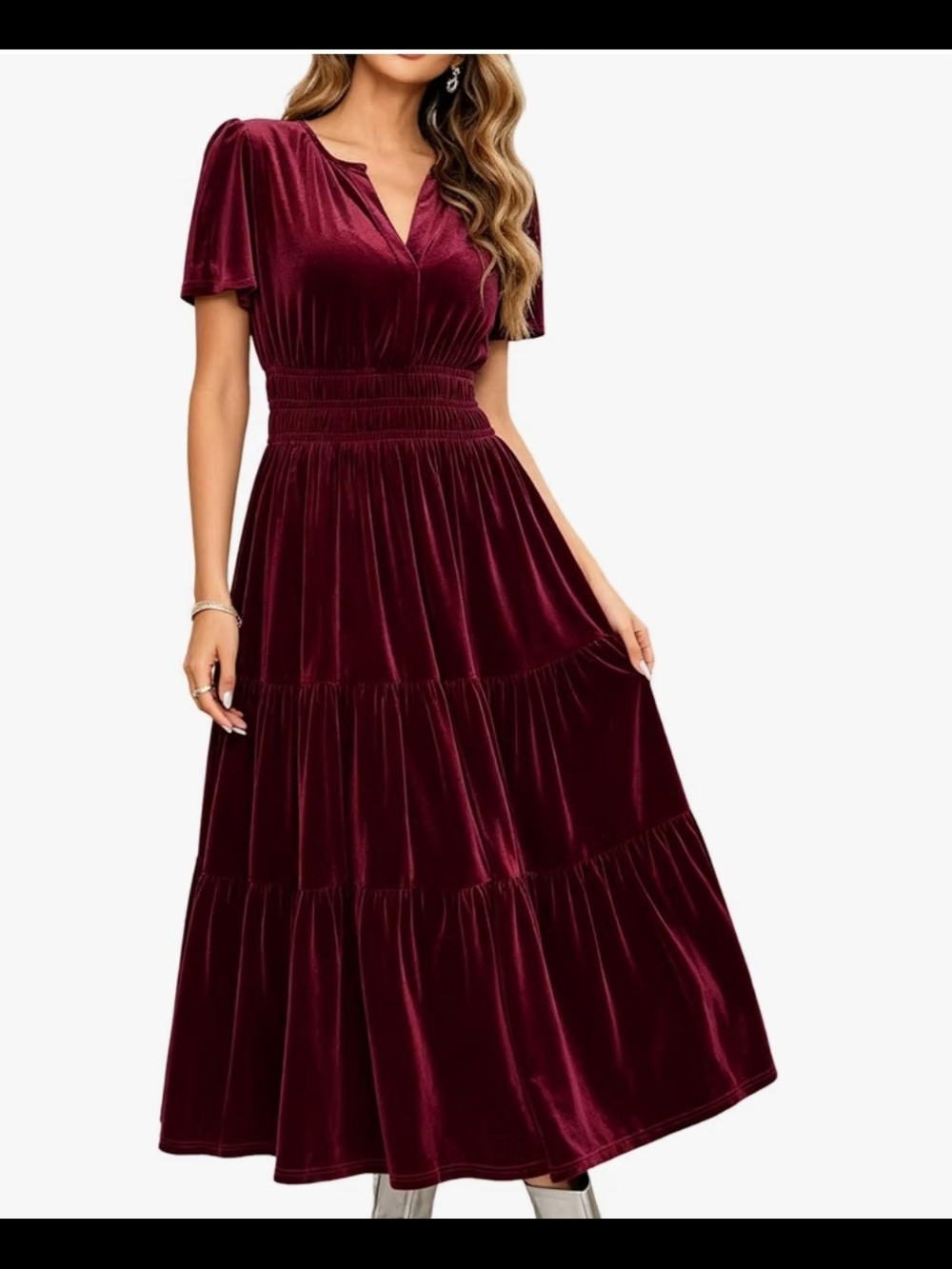 R. Vivimos Velvet Tiered V-Neck Maxi Dress - Burgundy